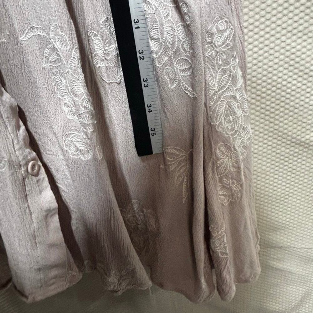 Mod Ref Taupe Embroidered Floral Dress Size S Button Front Boho Wedding Guest - Picture 8 of 11